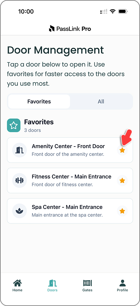 Favorites tab in the PassLink Pro app showing a door or gate, with an arrow pointing to the star icon used to remove it from Favorites